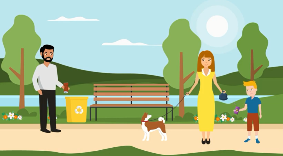 Die Aufnahme zeigt eine Familie mit Hund zum Thema Littering. Auf dem Bild liegt ein Play-Button zum Aktivieren des Videos