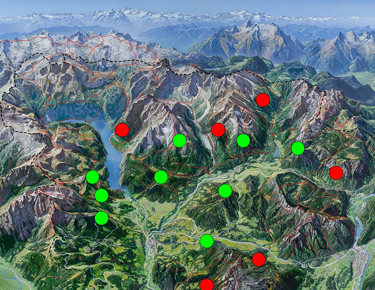 Das Bild zeigt eine Übersichtsgrafik des Nationalparks Berchtesgaden mit den Thermikgebieten.